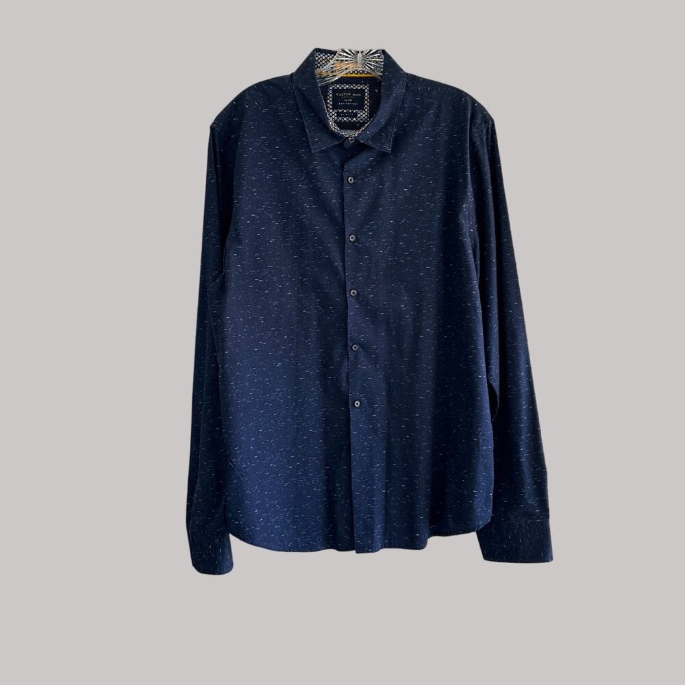 Cactus Man Men's Navy Blue Long Sleeve Button-Up Shirt With Speckled Design XL
